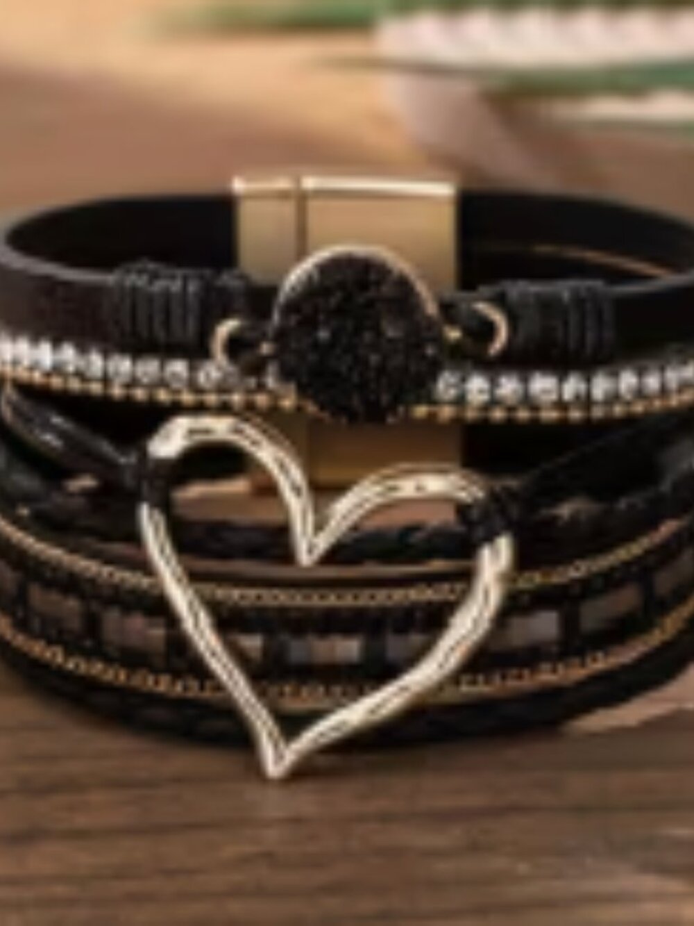 Boho-Chic Multi-Layer Faux Leather Bracelet Set with Bold Heart